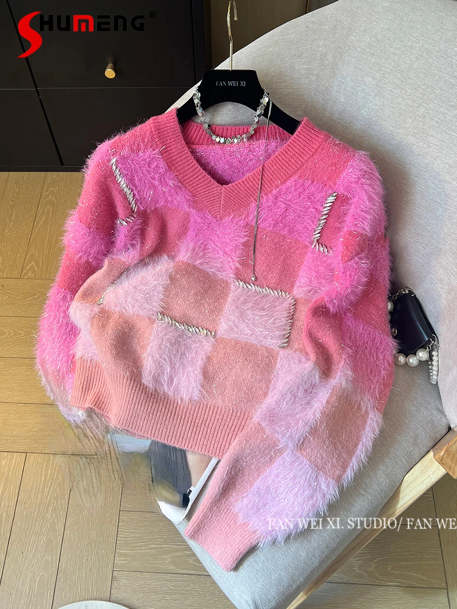 2024 Autumn Winter New Loose Knitwear Diamond Gradient Color Bright Silk Plaid V-neck Pink Sweater Women's Pullover Knitted Tops