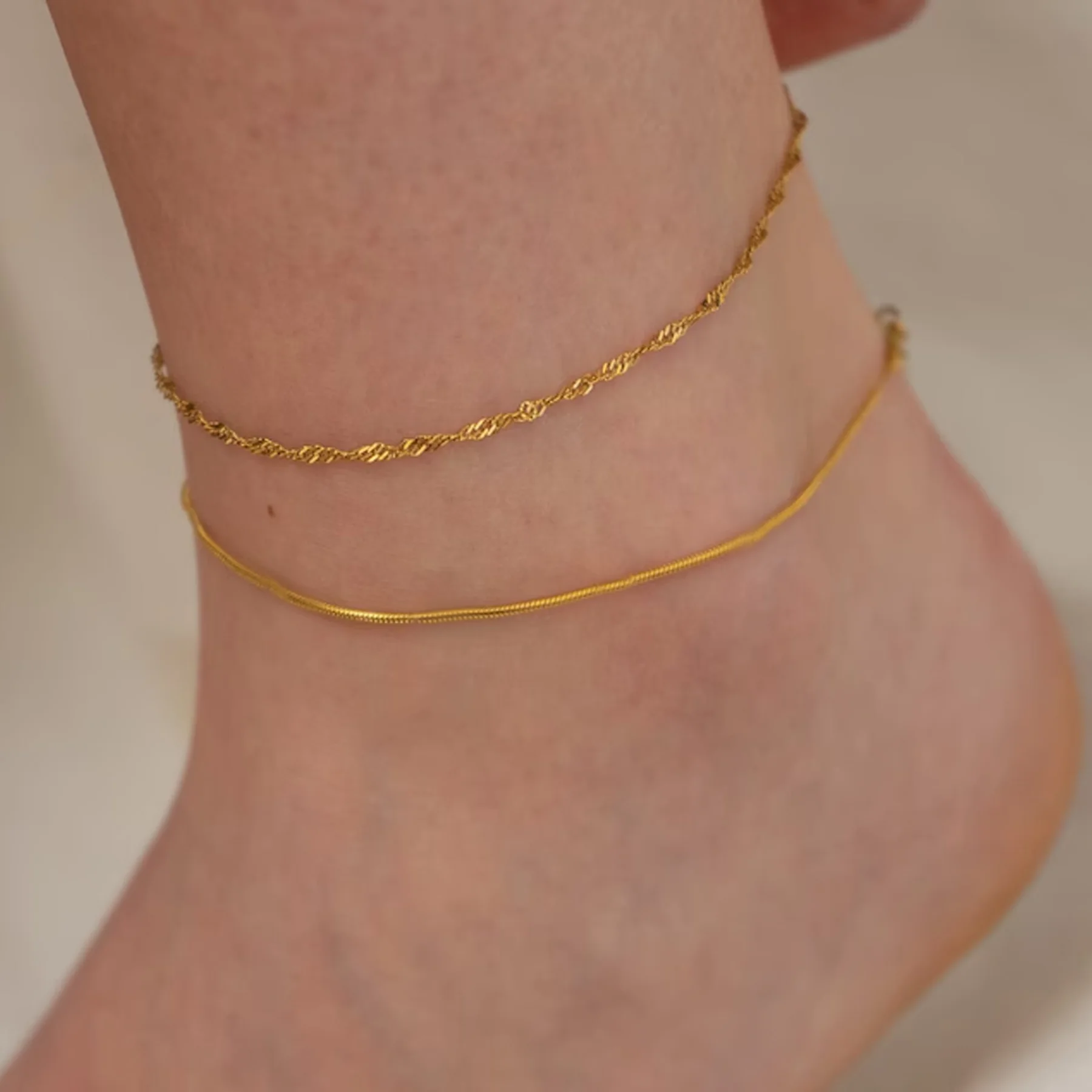 Dainty 18k Gold Plated Stainless Steel Anklet For Women Waterproof Layered Snake Figaro Thin Chain Anklets Summer Jewelry Gifts