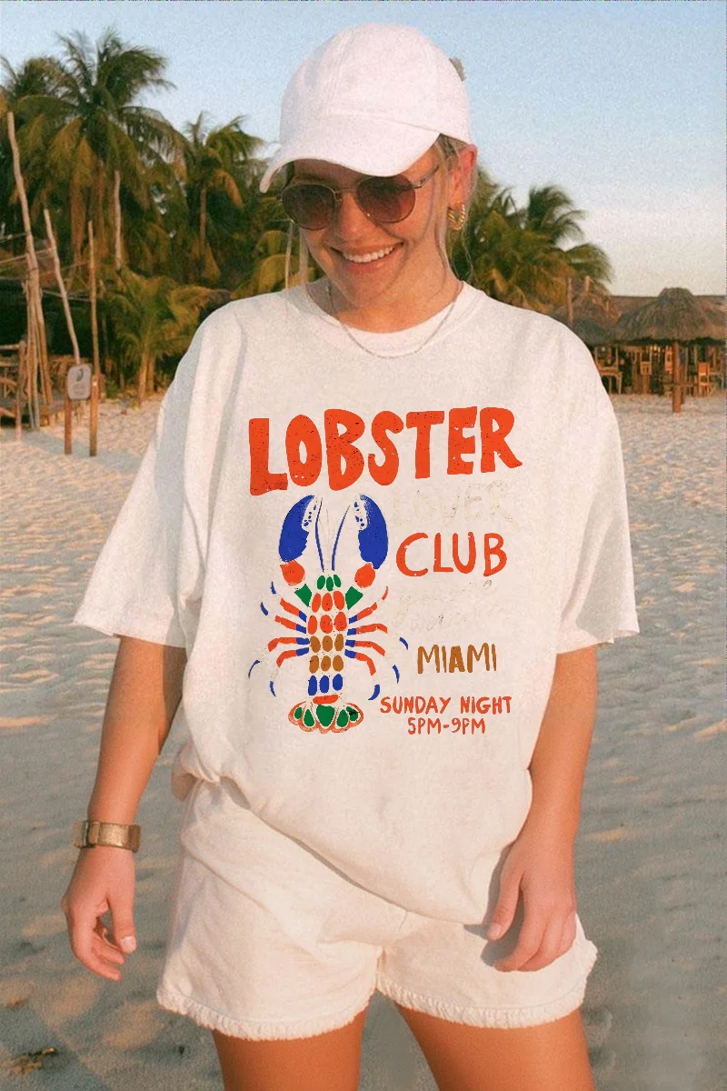 

Футболка в повседневном стиле с принтом Lobster Lover Club Pattern, летний милый топ с круглым вырезом, женская футболка в стиле Харадзюку, новая отпускная футболка