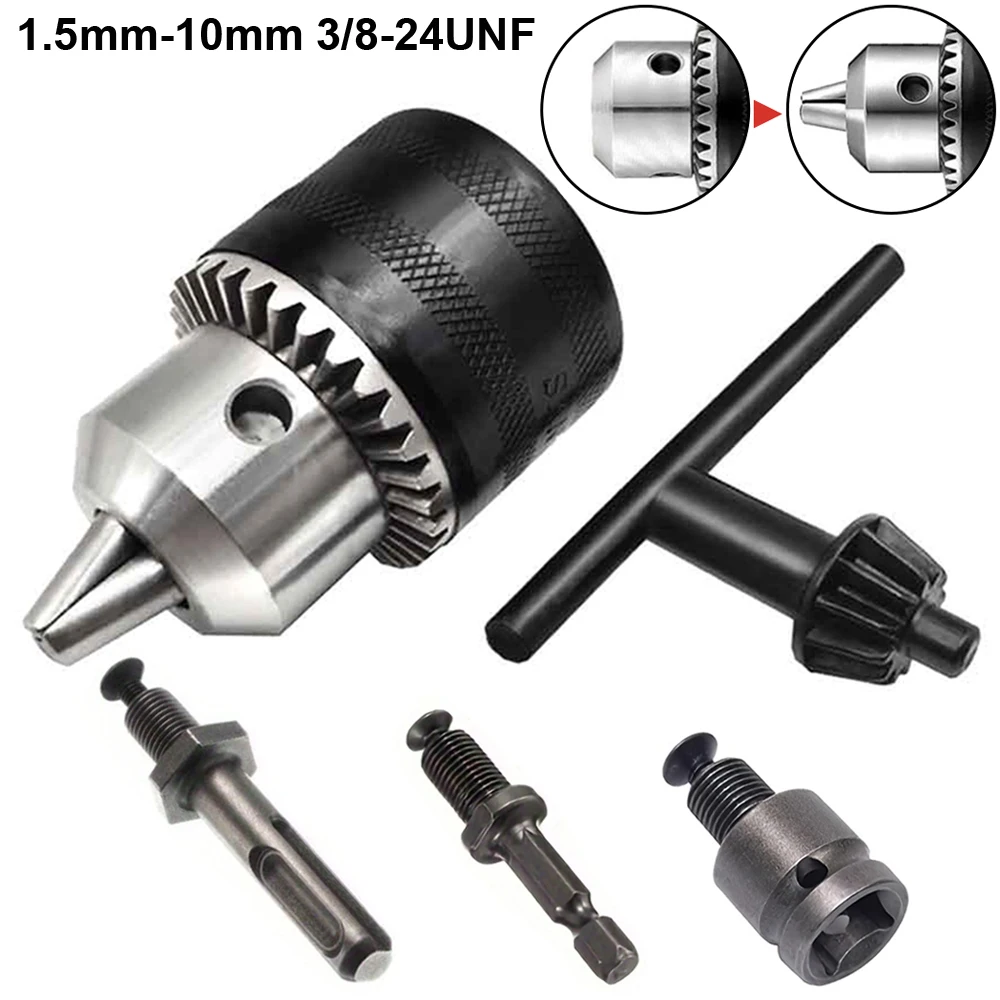 5pcs/set,1.5mm~10mm Metal Drill Chuck,with Chuck Key,3/8-24UNF Thread Quick Change,Conversion Shank(Hex/SDS-Plus/Square Adapter)