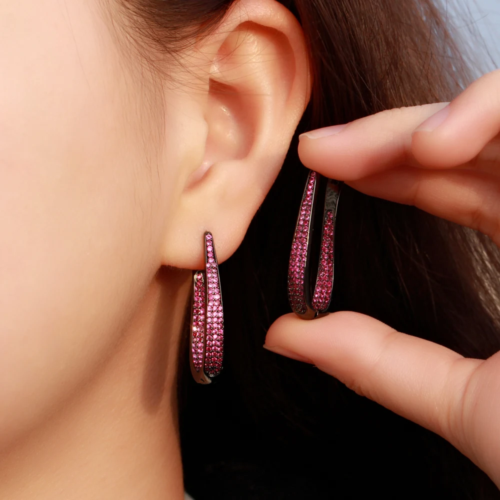 ThreeGraces New Trendy Fuchsia Cubic Zirconia Black Gold Color Hoop Earrings for Women Elegant Daily Party Dress Jewelry E1218