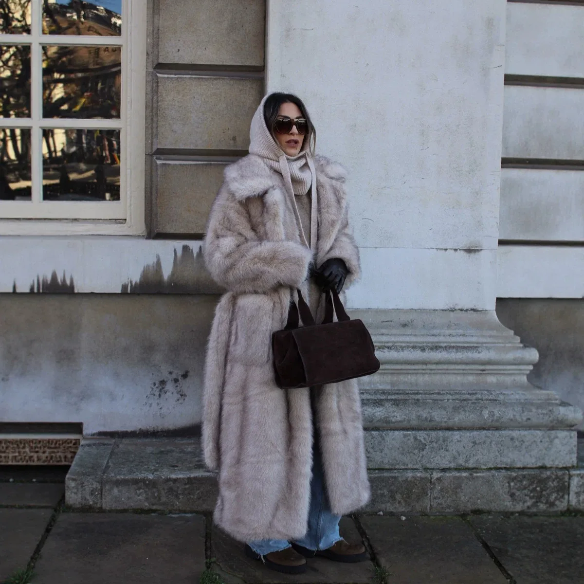 Women's Belt-dyed Pointed Imitation Fox Fur Coat Extended Suit Collar Artificial Fur Jacket