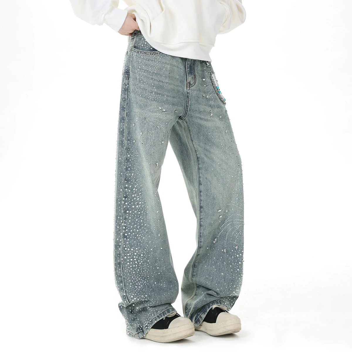 

Pearl Hot Diamond Jeans Men Streetwear Fashion Hip Hop Loose Casual Wide Leg Denim Baggy Jeans Pants Women Cowboy Trousers