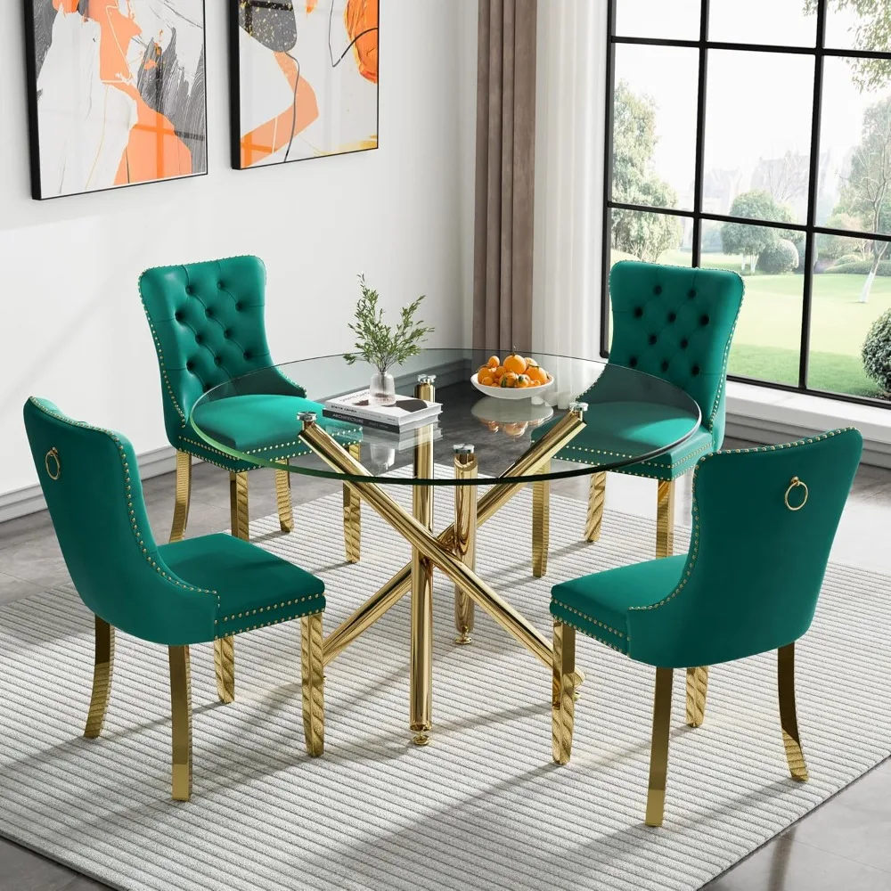 

Round Glass Dining Tables , Small Kitchen Table Gold Glass Dinner Table for Velvet Chairs,Dining Room Tables for Breakfast