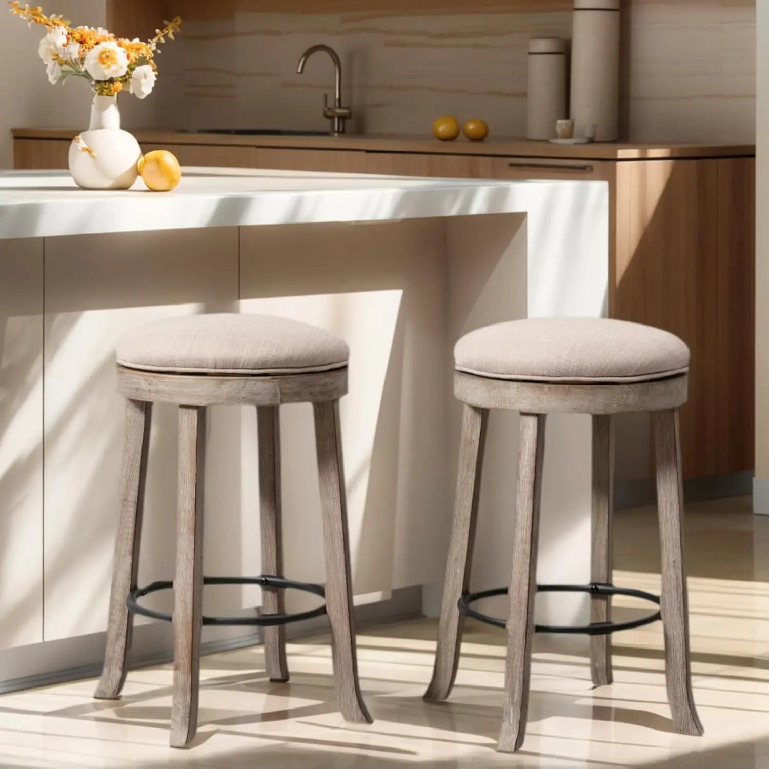 

25.6' Farmhouse Bar Stools Set of 2, 360° Swivel, Solid Wood Legs, Modern Back with Footrest, Beige