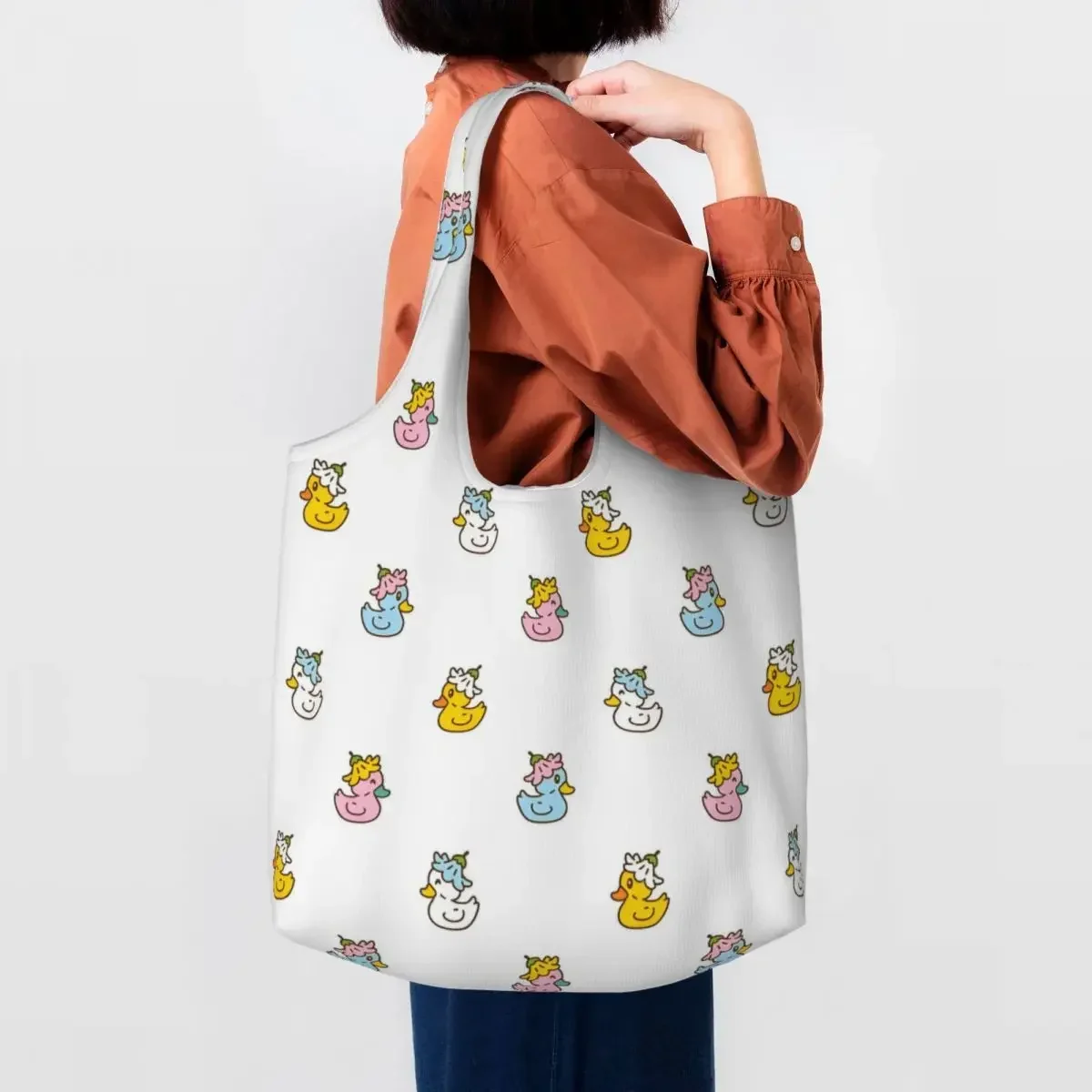 Personalizado dos desenhos animados pato margarida flor sacos de compras de compras lona shopper tote sacos de ombro grande capacidade lavável bolsa