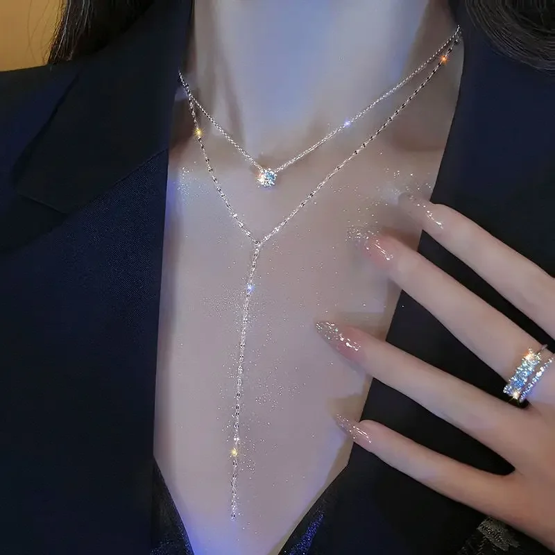 Nuevo Color plata gargantilla de doble capa collar largo repleto de circonita colgantes redondos regalo de mujer joyería de boda al por mayor