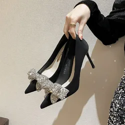 New Black Women's Rhinestone Bowknot Pumps Sexy Strappy Rhinestone Open Toe Shoes High Heels Shoes Fashion Work Dress Shoes