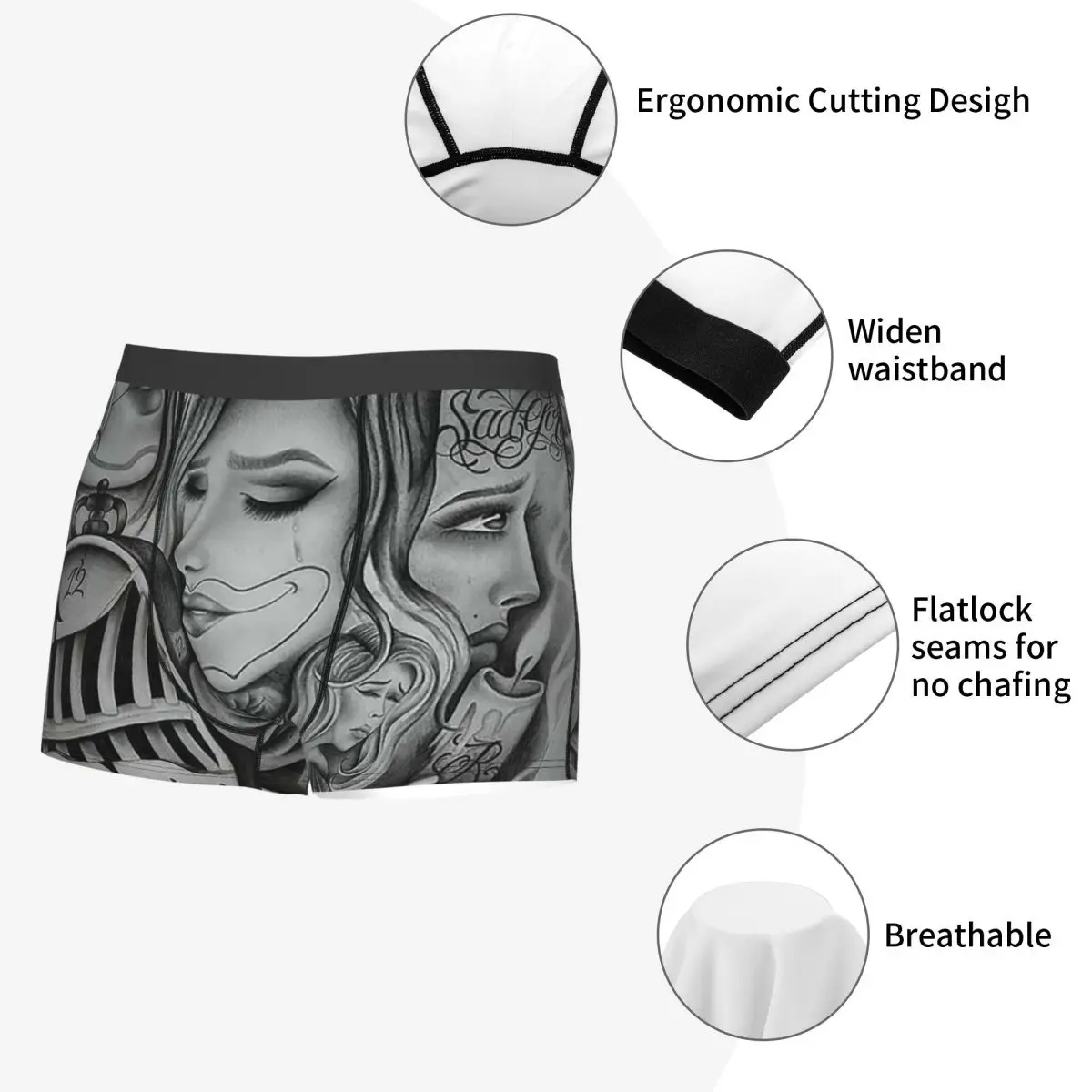 복서 팬티 반바지 슬픈 눈 초라 광대, 치카노 아트, 블랙 앤 그레이 아트 팬티 남성용 통기성 속옷