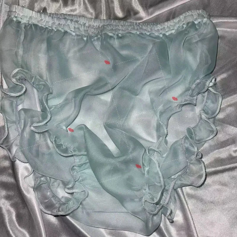 Man Sexy Transparent Colored Laser Pink Holographic Organza Briefs Women Ruffles See Through Panties Couple FKK Private Party BF