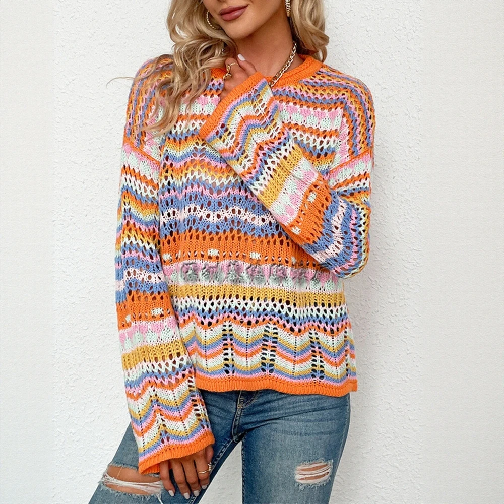 

Женский свитер контрастного цвета с круглым вырезом и длинными рукавами, осенне-зимний модный уличный повседневный топ с вырезами