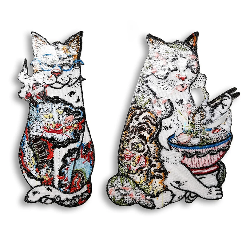 Japanese Culture Udon Noodles Patches Cool Cartoon Society Flower Cat Embroidery Patch Twill Fabric Sticker Badges For Clothing