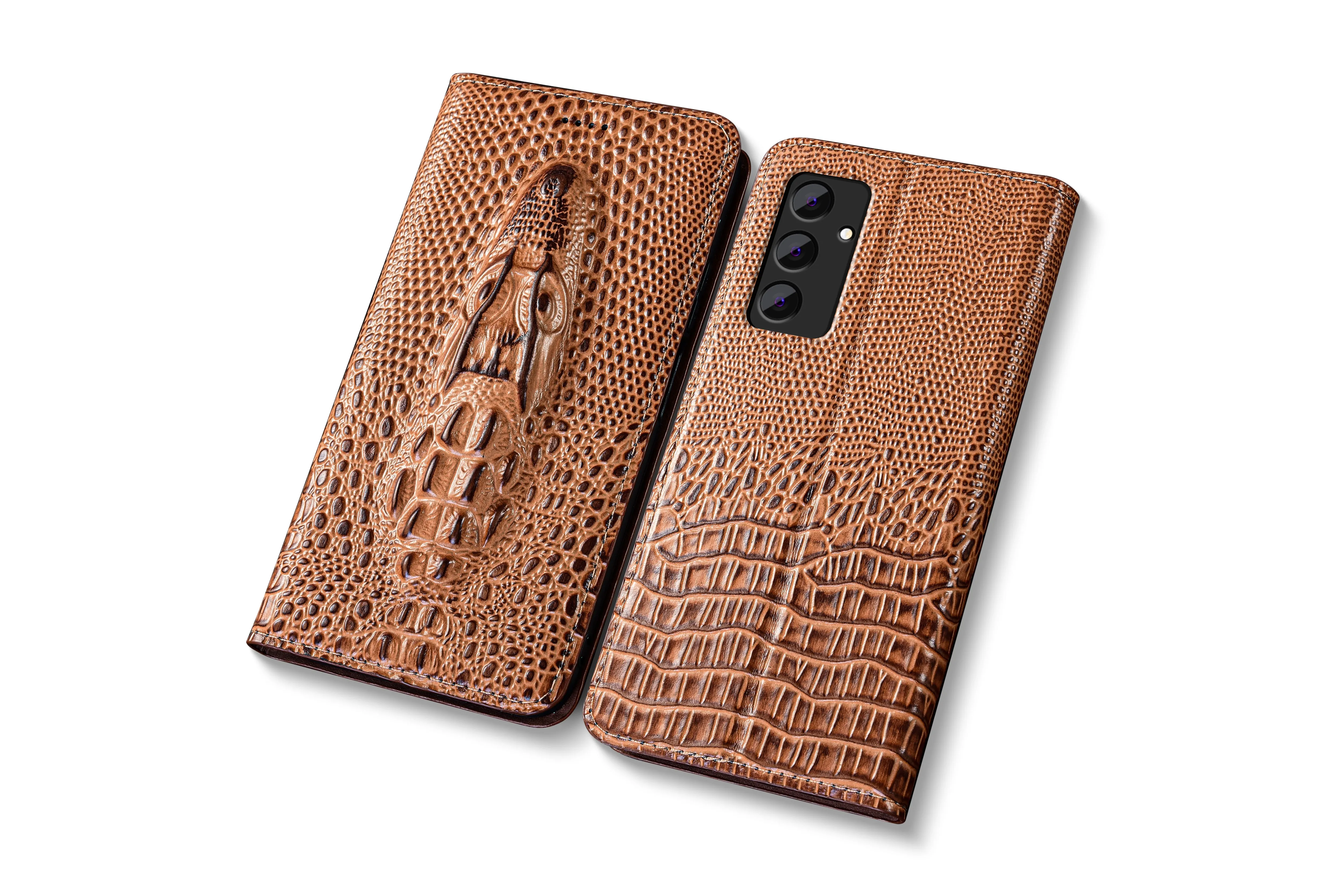 Funda con tapa de cuero genuino con cabeza de cocodrilo para Samsung Galaxy A05 A05S A15 A25 A35 A55 A16 A26 A36 A56 5G, prevención de caídas