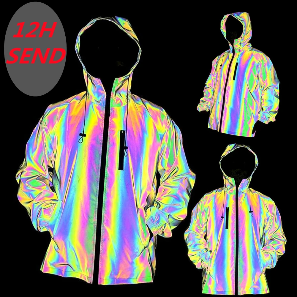 Men's Jacket Colorful Full Reflective Jacket Autumn Winter Hip Hop Night Shiny Windbreaker Man Reflect Light Coat Casual Hooded