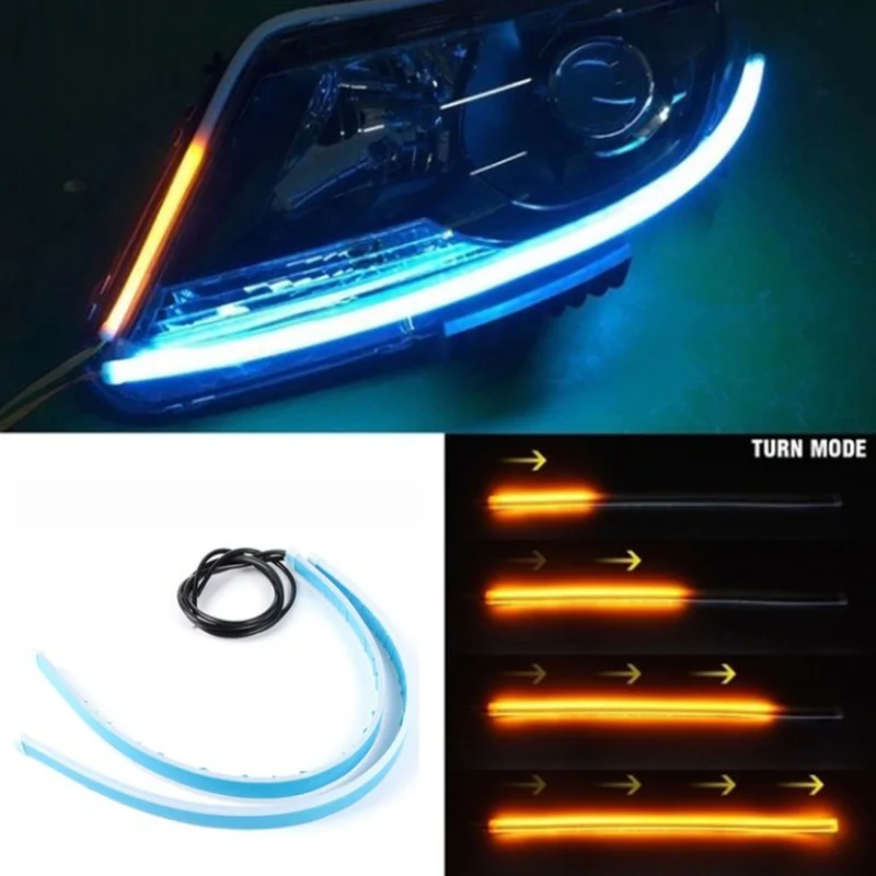 2pcs 12V LED DRL Car Daytime Running Light Flexible Waterproof Strip Auto Headlights White Turn Signal Yellow Brake Flow Lights