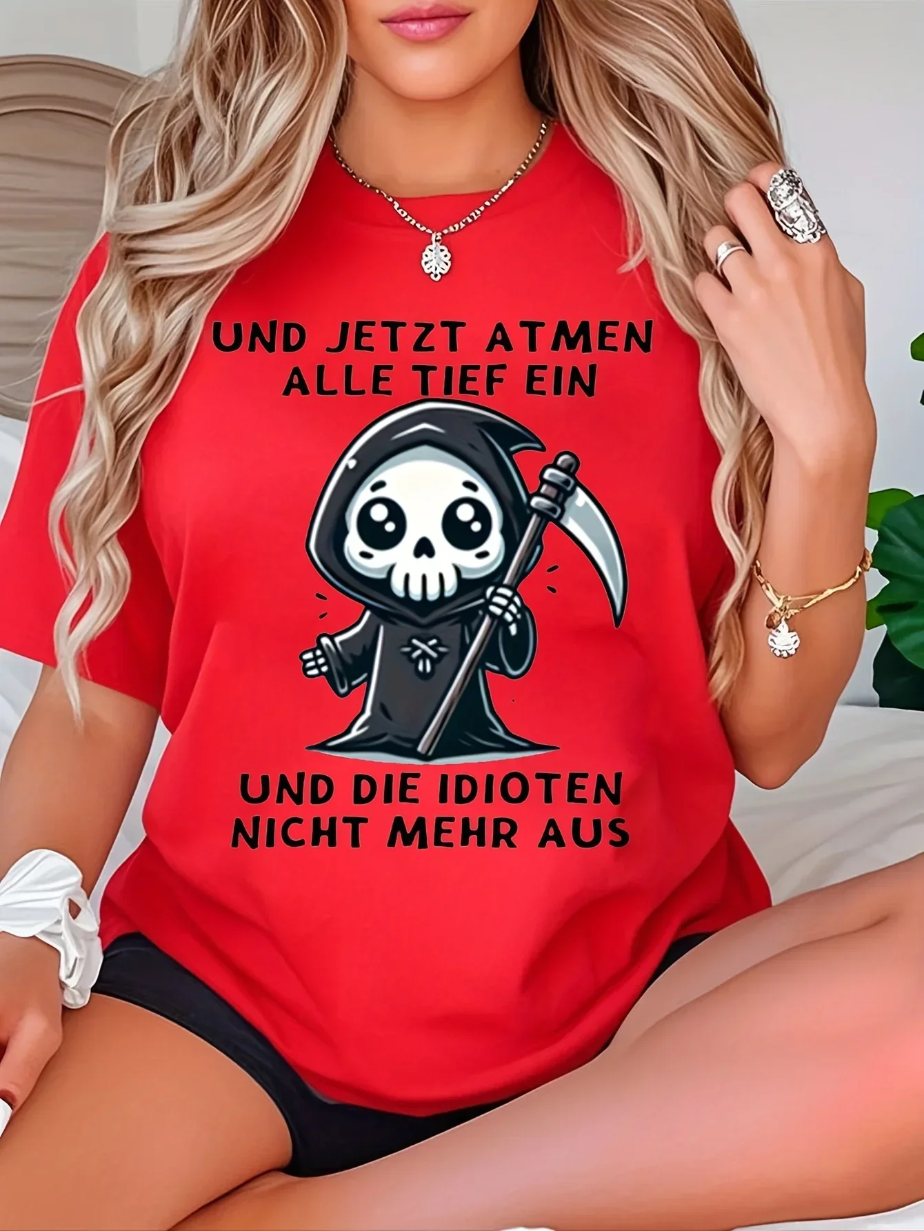 تي شيرت نسائي صيفي متوسط التمدد برسومات هيكل عظمي وألماني عالي الجودة باللون الأبيض كاجوال مع روح الدعابة #3