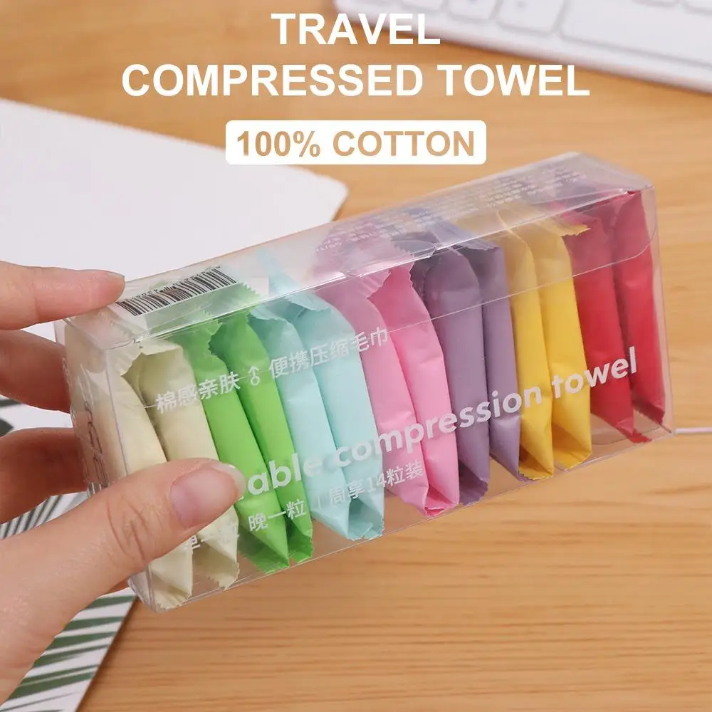 14Pcs Compressed Towel Travel Disposable Face Towel Cleaning Quick Drying Towel Pure Cotton Non-Woven Fabric Wipes Makeup Towel