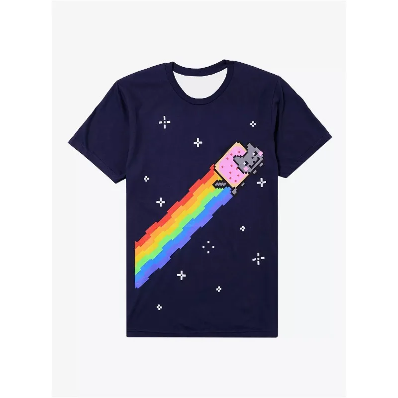 Pixel Nyan Cat Rainbow Space Graphic T‑Shirts for Men Women Summer Short Sleeve Tee Y2K Loose Oversized Streetwear Casual Tops