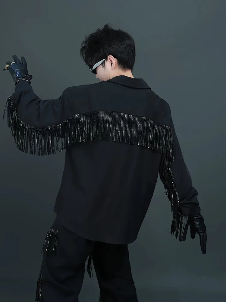 المتخصصة نمط الظهر شرابة الربط موضة أسود أبيض كم طويل قميص الرجال 2025 الصيف الشارع قمصان أنيقة غير رسمية