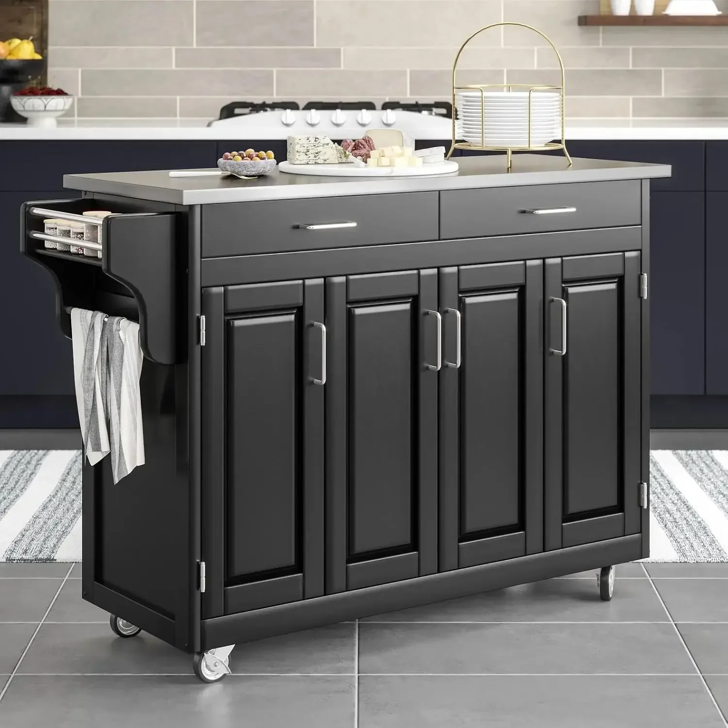 Mobile Create-a-Cart Black Finish Four Door Cabinet Kitchen Cart with Stainless Steel Top, Adjustable Shelving