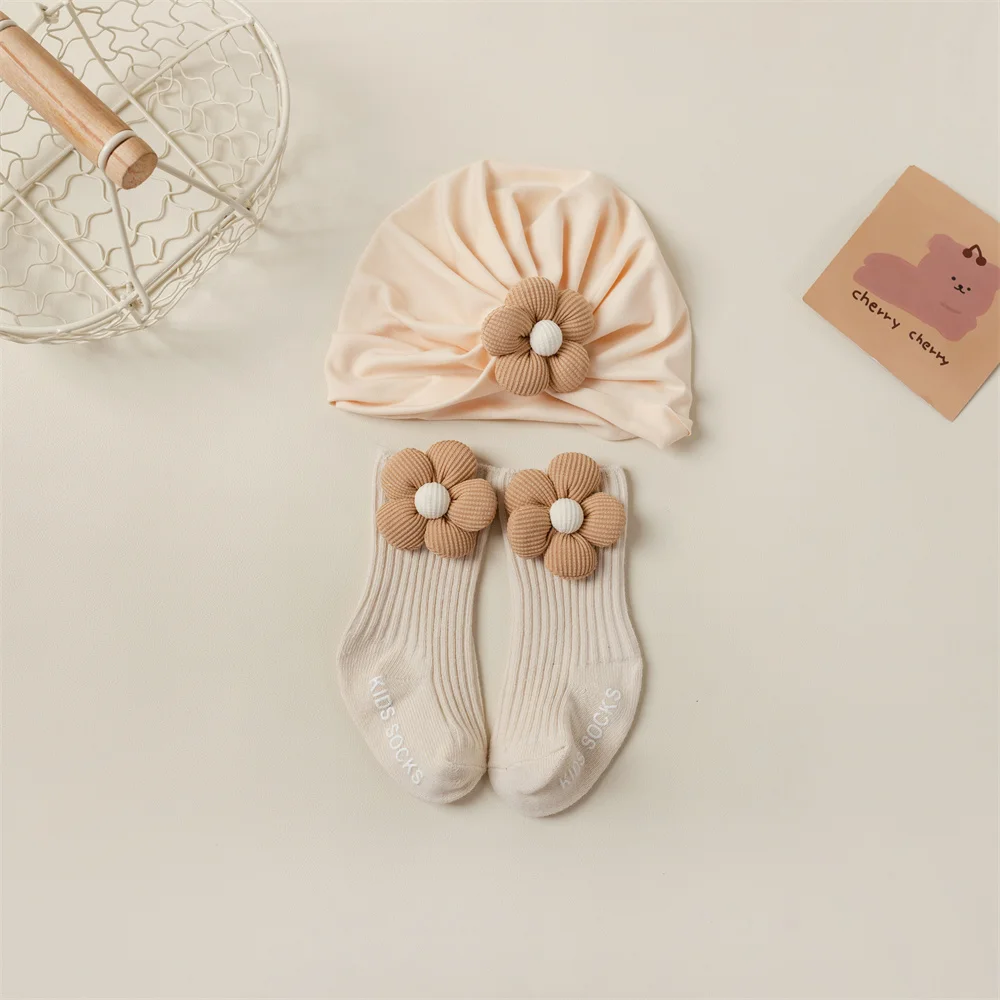 1set Flower Baby Turban Hat & Socks for Newborn Girls Bear Beanie Caps Non-slip Floor Stockings Toddler Hair Accessories 0-2Y