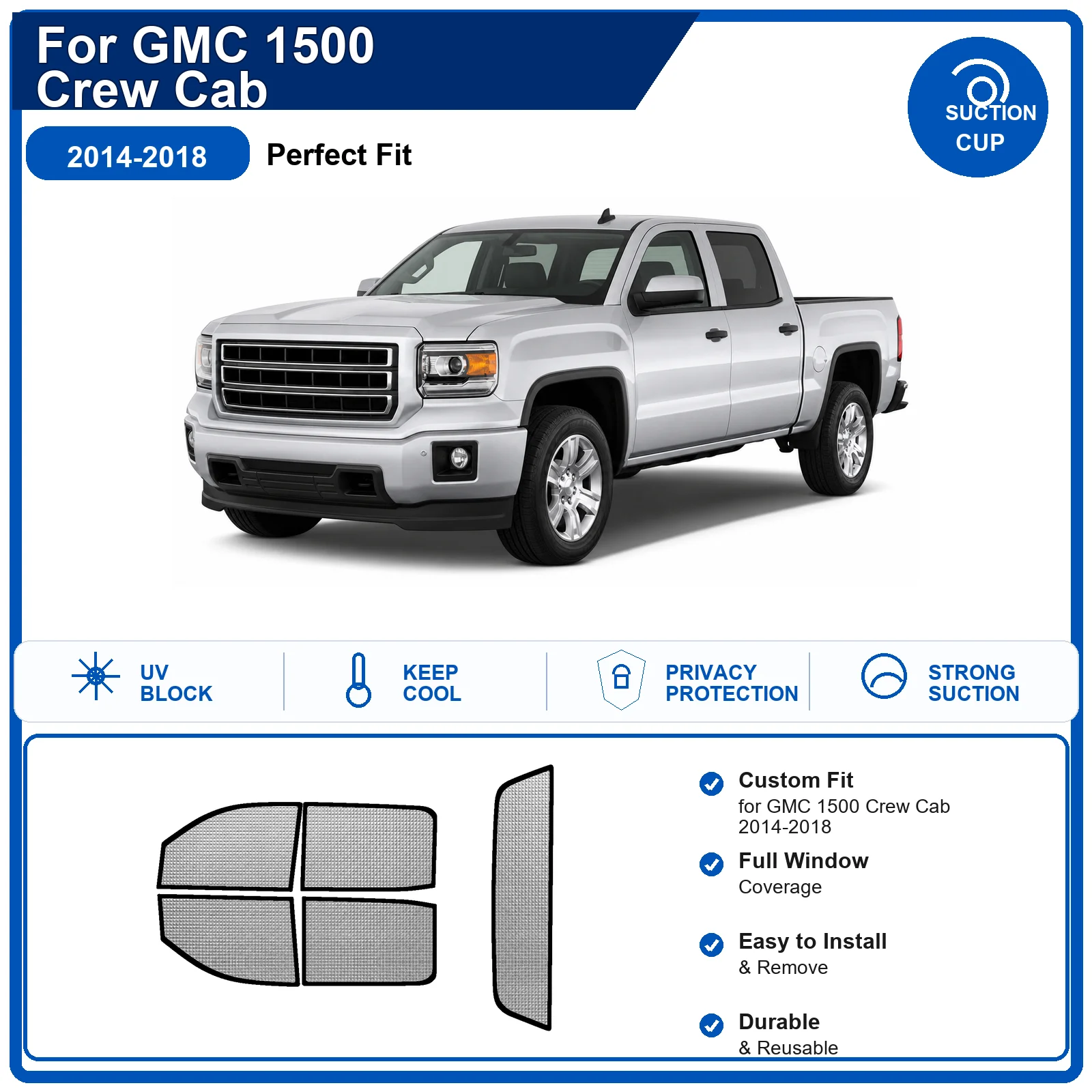For GMC 1500 Crew Cab 2014-2018 Custom Full Set Windshield Sun Shade Aluminum Foil Heat Insulation Anti UV Foldable