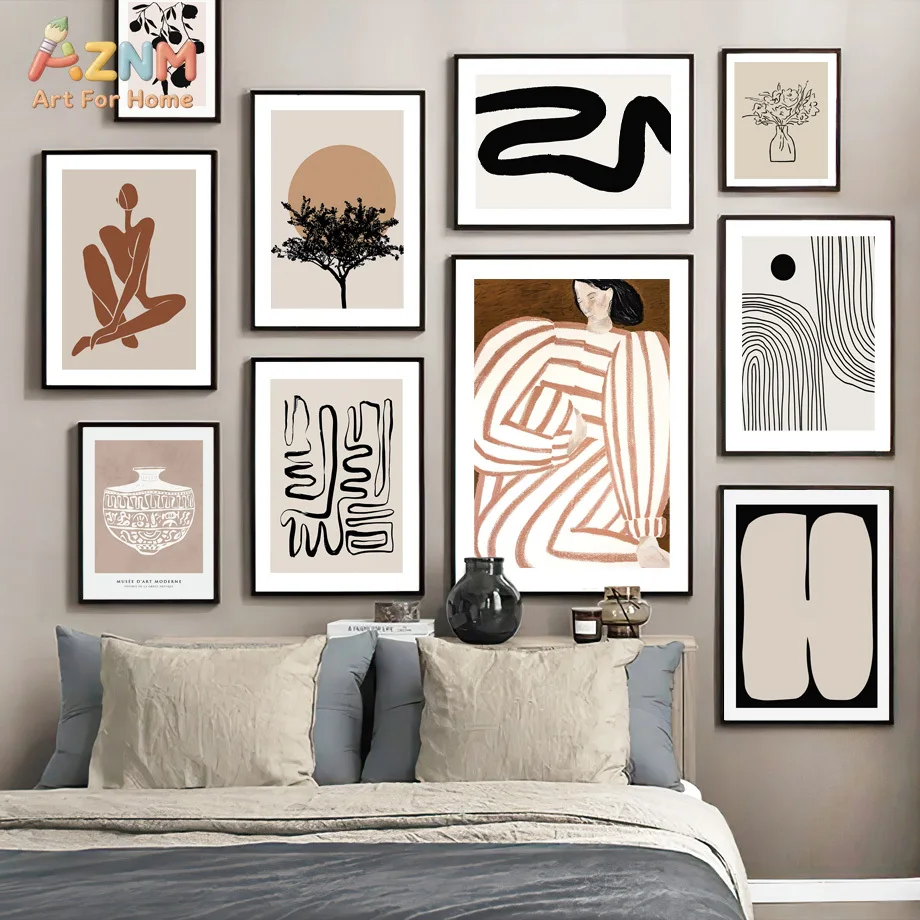 AZNM Neutral Boho Abstract Line Figure Canvas Wall Art Minimalist Tree Vase Geometric Shape Print Unframed Canvas Painting For B