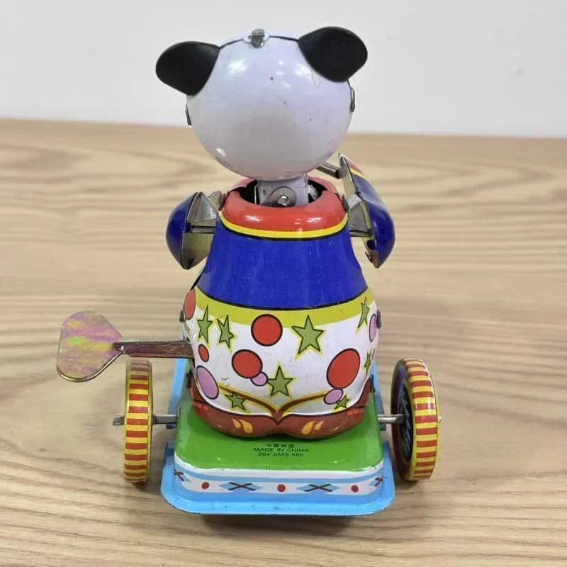 Panda Car Mechanical Clockwork Toy Collection Retro Metal Tin Drumming Animal Figures Model Kids Brithday Gift Wind Up Toy