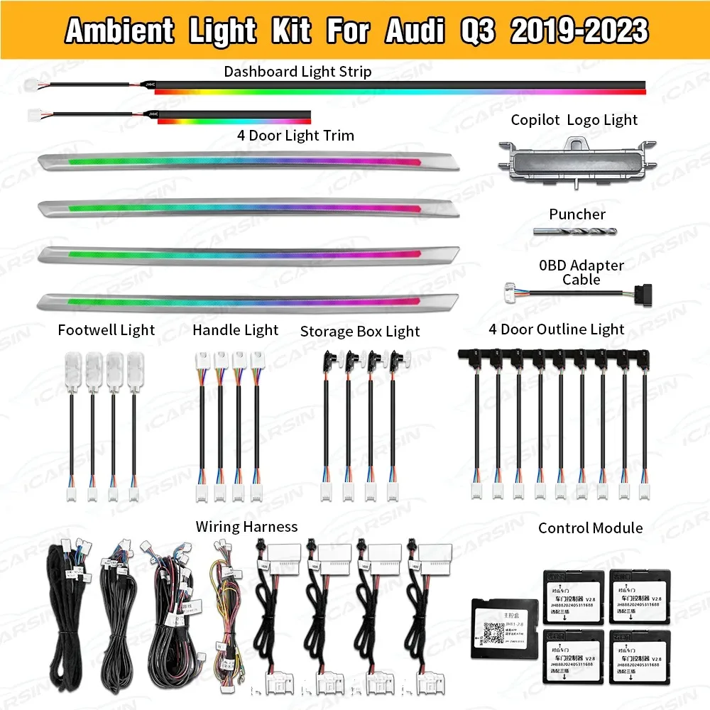 

64-цветный комплект для обновления окружающего освещения для Audi Q3 2019-2023 Внутреннее светодиодное освещение Лазерная резьба Аксессуары для отделки