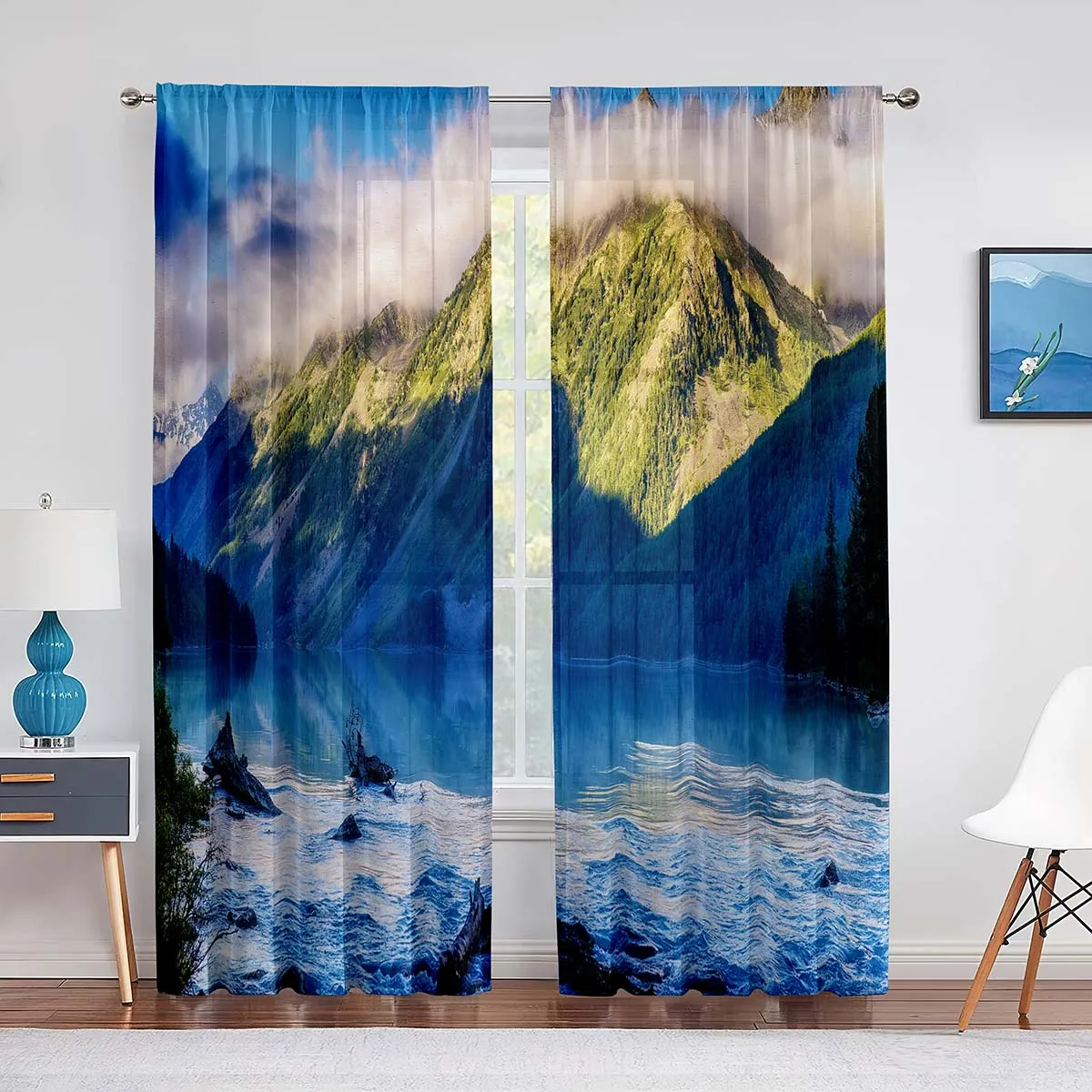 

Mountain Forest River Landscape Curtains for Living Room Bedroom Decor Transparent cortinas Window Curtain 2panels Semi-blackout