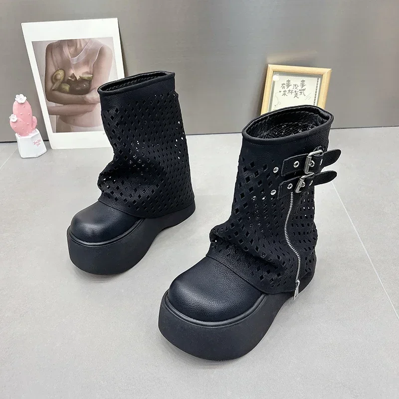 Bottes Courtes Ajourées avec Ceinture pour Femme, Chaussures Plates, Élégantes, à la Mode, Automne Hiver