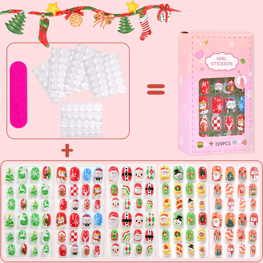 120 قطعة/صندوق عيد الميلاد الاطفال الفتيات قصيرة الأظافر كاذبة لطيف سانتا كلوز ندفة الثلج عصا على الأظافر غطاء كامل عيد الميلاد الكرتون الأظافر كاذبة #2