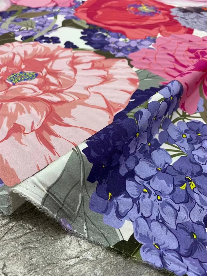 Brand V Family Hydrangea Macrophylla Big Flower Printing Silk Dress Fabric Luxury High-end Crepe De Chine Silk Fabric Per Meter