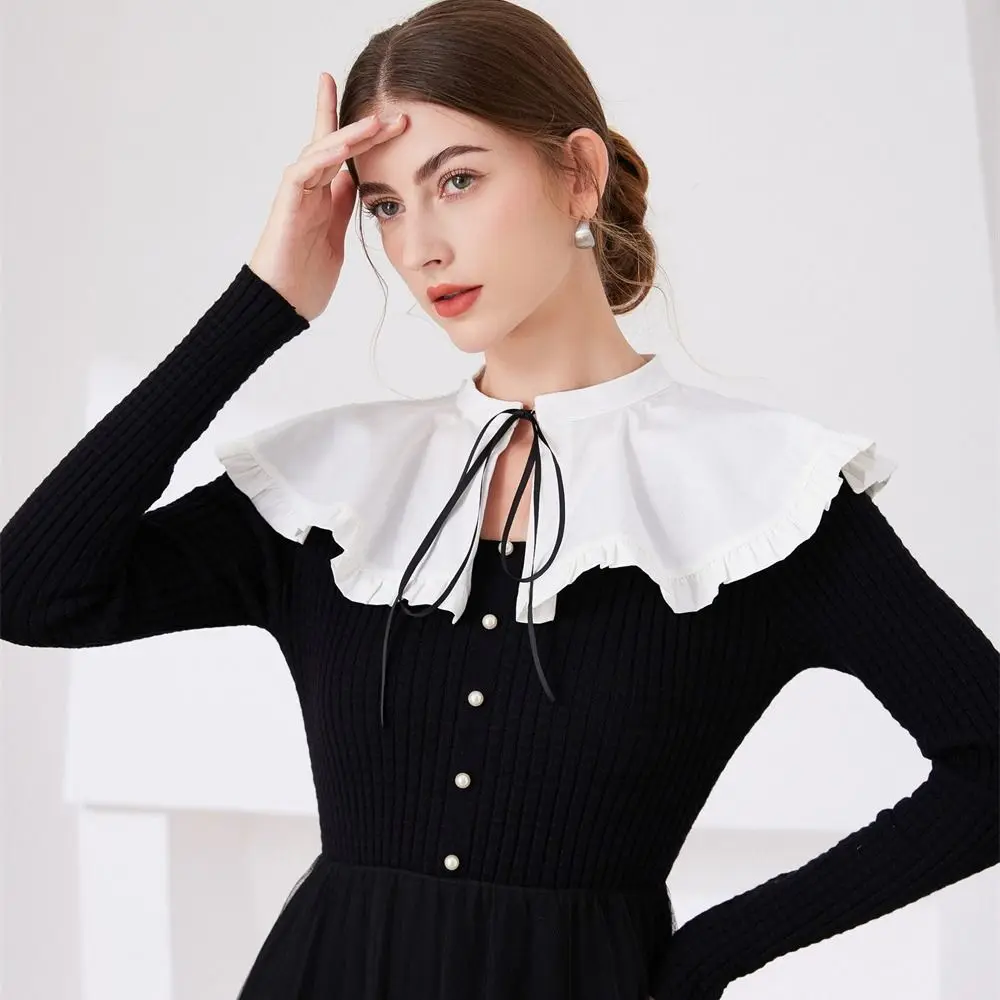 Ribbon Decoration Ruffled Shawl White Elegant Shawl Detachable Collar Bowknot Vintage Blouse Shoulders Fake Collar All Matching