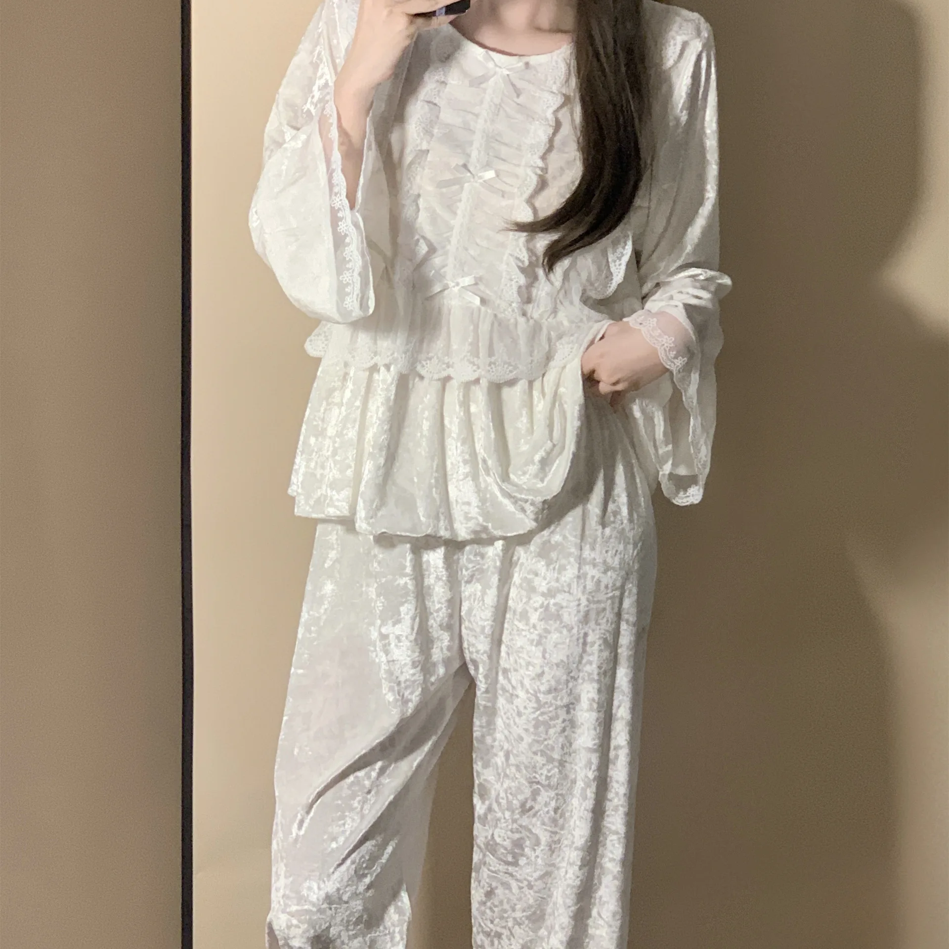 

Autumn Winter New Women's Pajamas 2Pcs Set Loungewear Sweet French Court Style Pijamas Suit Loose Casual Trouser Lounge Wear