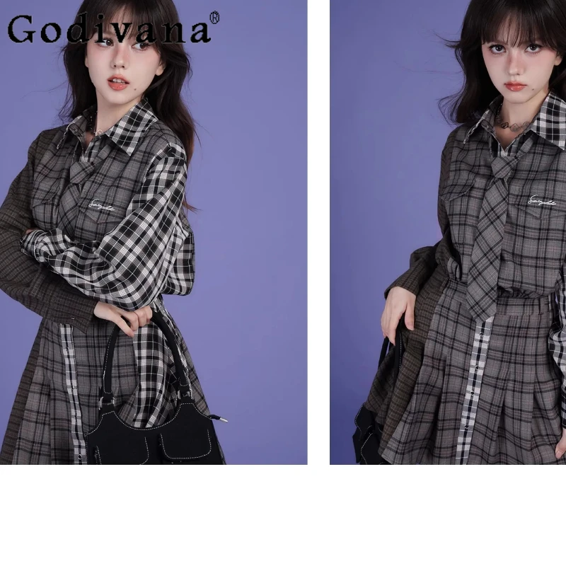 

New Sweet Cool Splicing Plaid Loose Leisure Shirt Dress Girls Spring Autumn Sweet Long Sleeve High Waist A-line College Dresses