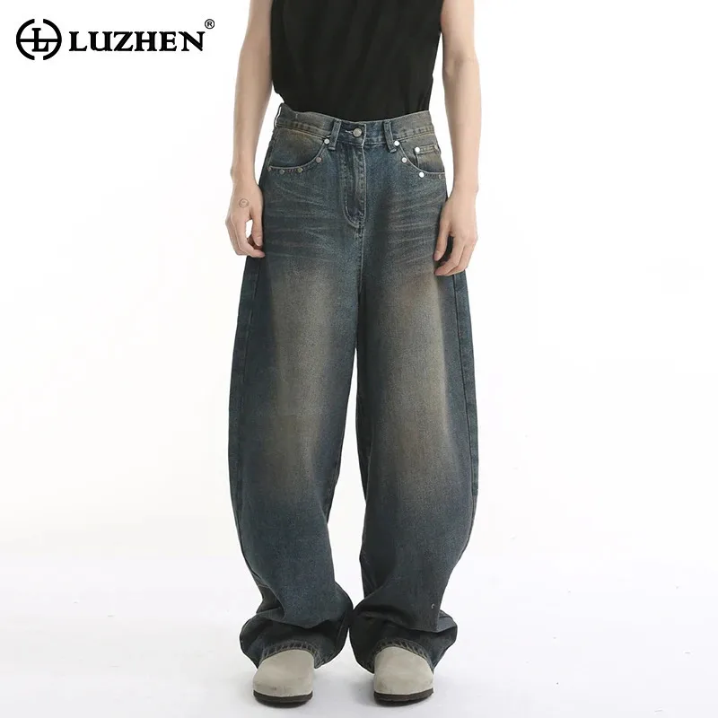 

LUZHEN дизайн оригинальные кожаные винтажные винтажные свободные джинсовые брюки с карманами в стиле пэчворк мужская мода 2025 новые джинсы JY5528