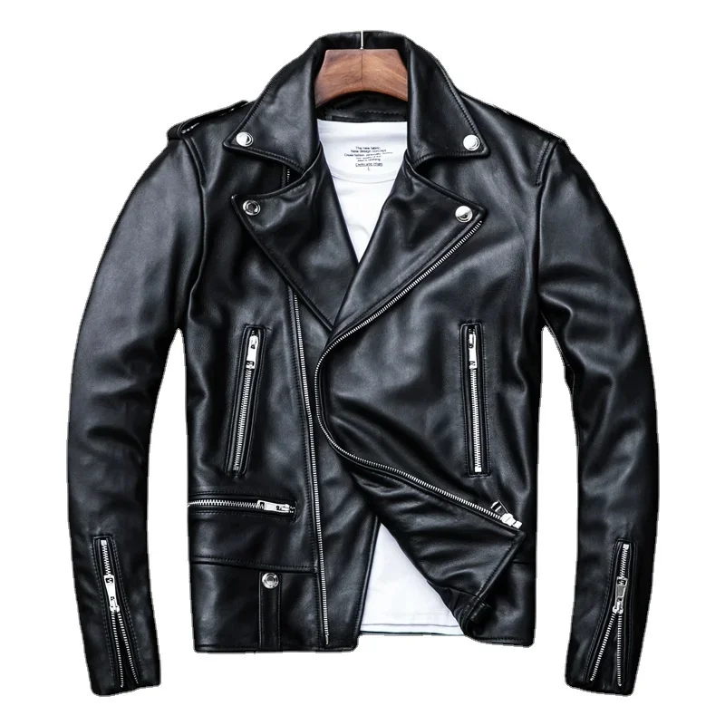 Spring and Autumn Natural Leather Jacket Black Soft Men's Motocycle Jackets Motor Clothing Biker Slim Short Coat