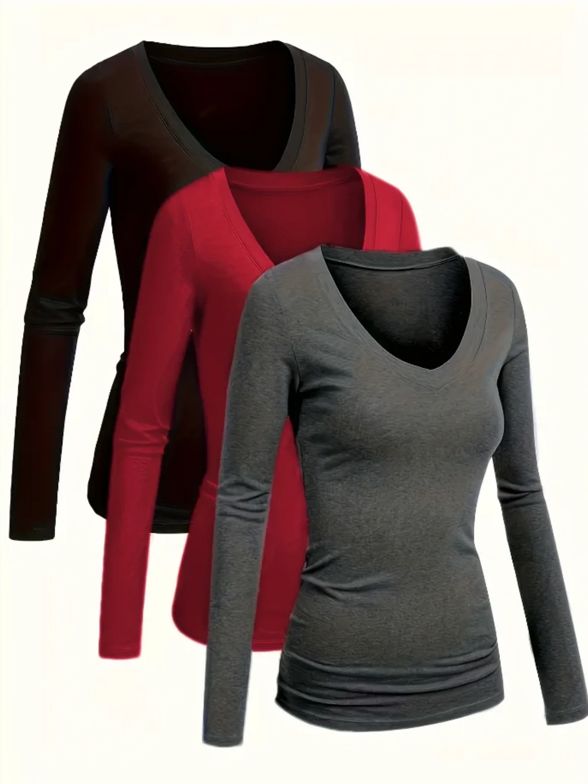 

Women's solid-color V-neck casual comfortable large-size T-shirt set of three pieces