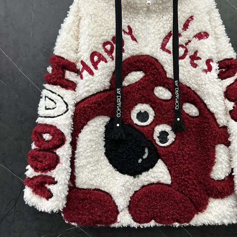 2025 Autumn Winter Heavy Industry Cartoon Lamb Wool Hooded Sweatshirt Jacket For Women's Loose Sweet Y2k Style Top Zipper Coat