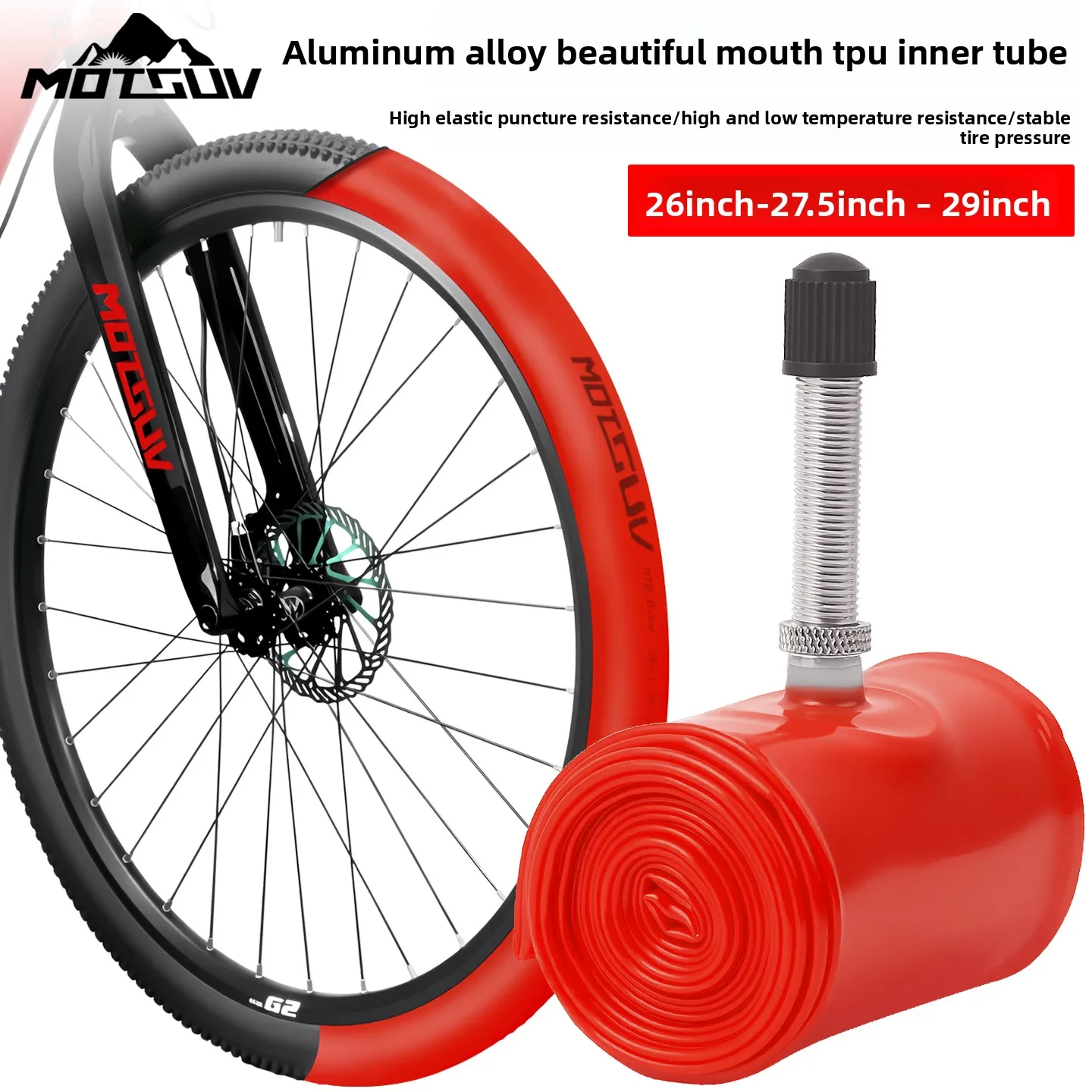 Ultraleichter 26/27,5/29 Zoll Mountainbike-Schlauch mit Pannenschutz aus TPU, schönem Design, Metallventil und tragbarer Ausführung