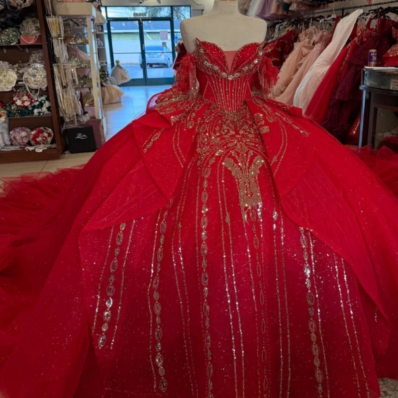 

Red Shiny Quinceanera Dresses Off The Shoulder Gold Applique Lace Beading Crystal Tiered Tull Corset Party Birthday Sweet 16