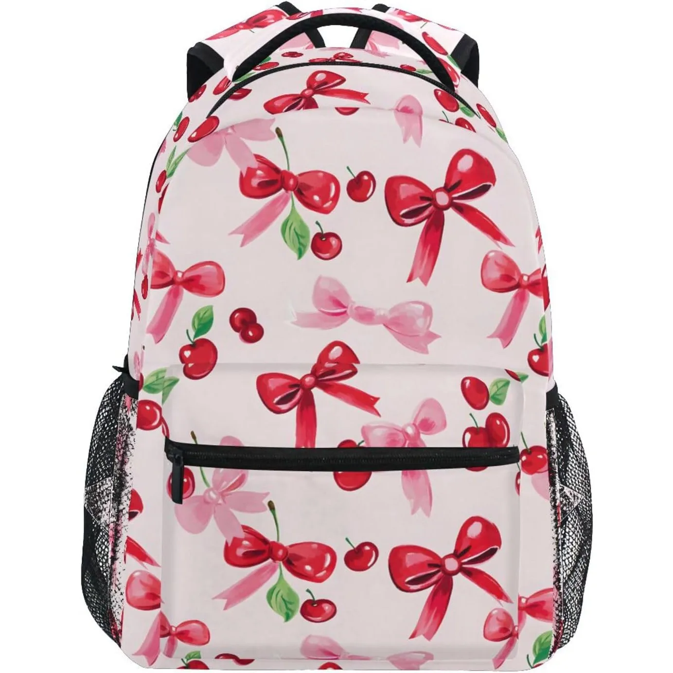 

Pink Red Cherry Bow Print Backpack Sweet Fruit Pattern School Bag Lightweight Casual Daypack For Kids Students Travel Daily Use
