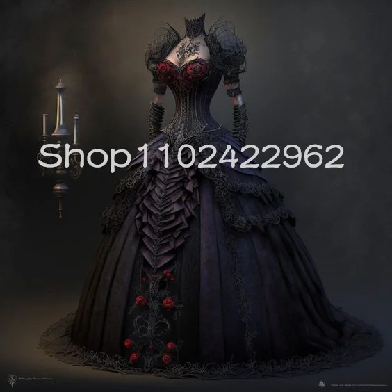 Black Red Rose Gothic Ball Gown Prom Dresses with Puffy Sleeve Halloween Masquerade Bustle Corset Cosplay Evening Gown