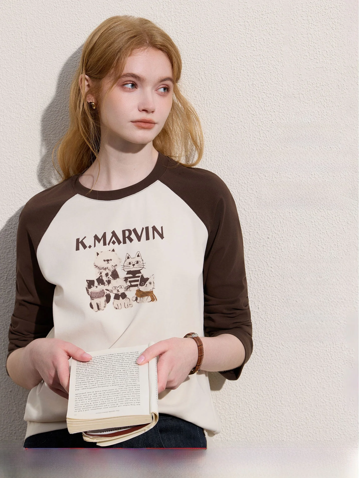 Loose Shoulder Insert Long Sleeve T-Shirt Women's  Print Campus Daily Autumn College Style Versatile Body Cotton Knitted