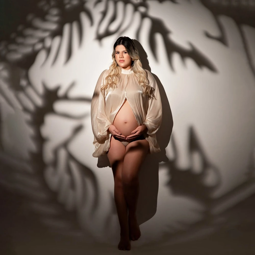 Maternity Photography Props Champagne Satin Gown Pregnancy Photo Shoot Outfit High-End Studio Posing Clothing view 2