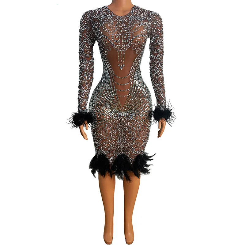 

Birthday Costume Diamond Costume Shiny Dress Diamond Elegant Feather Hem Women's Skirt With Crystal Night Vestidos De Bienvenida