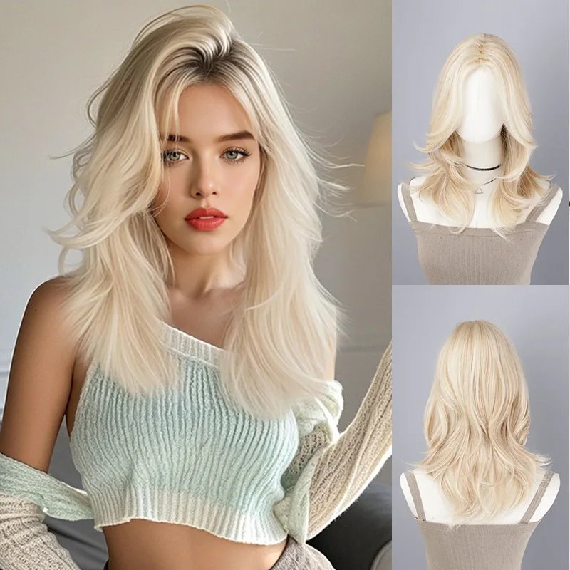 

New wig female medium and long chemical fiber blond wig natural whole wig daily photo travel model