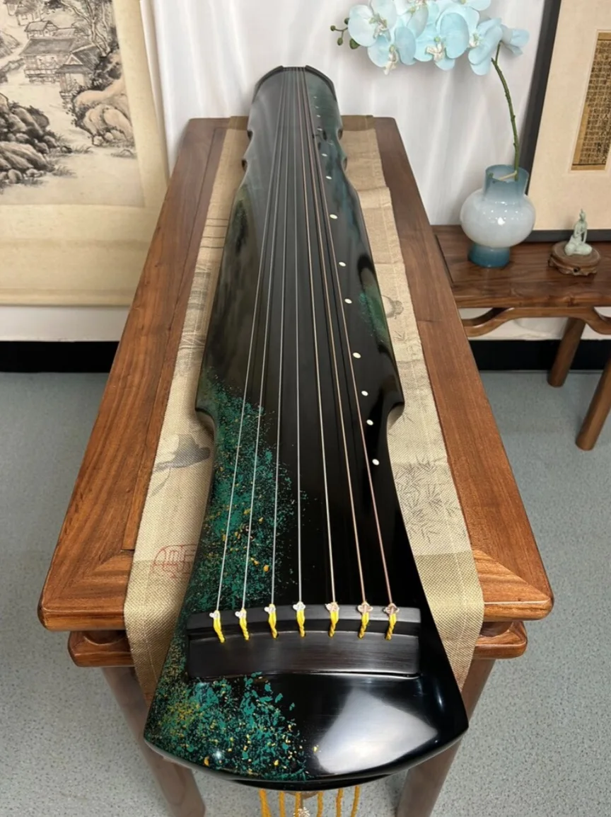 Handmade Fuxi Style Guqin, Green Raw Lacquer Chinese 7 Strings Zither Traditional String Instrument