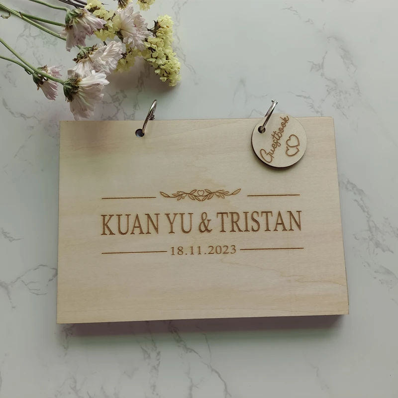 Wedding Guest Book ,Customize the bride and groom's name and wedding date Guest check-in book，wood Wedding Guest Book